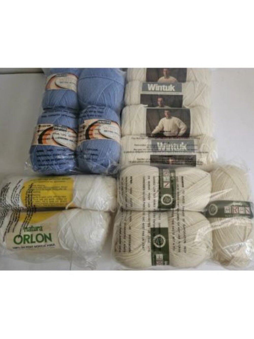 13 Skeins Wendy Aran Yarn Vtg Ames Wintuk Ivory Orlon White Romaxe Blue 3.5 oz
